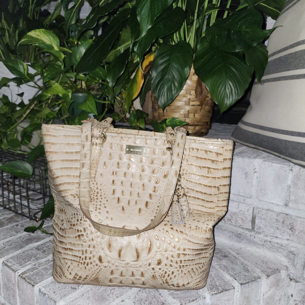 Brahmin Beige Crocodile-Embossed Tote